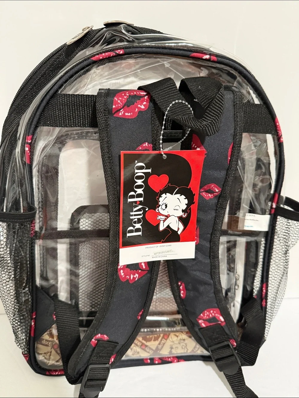 Betty Boop Large Clear Backpack with Black Trim and Red Graphic